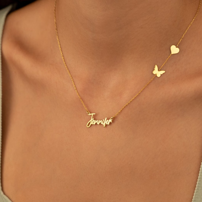 Birth Flower Necklace - Kişiselleştirilmiş özelleştirilmiş kelebek kalp şekli adı