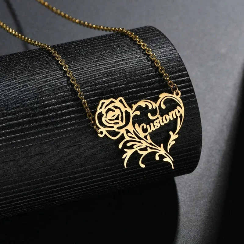 Birth Flower Necklace - Özel ad gül kalp Charm kolye